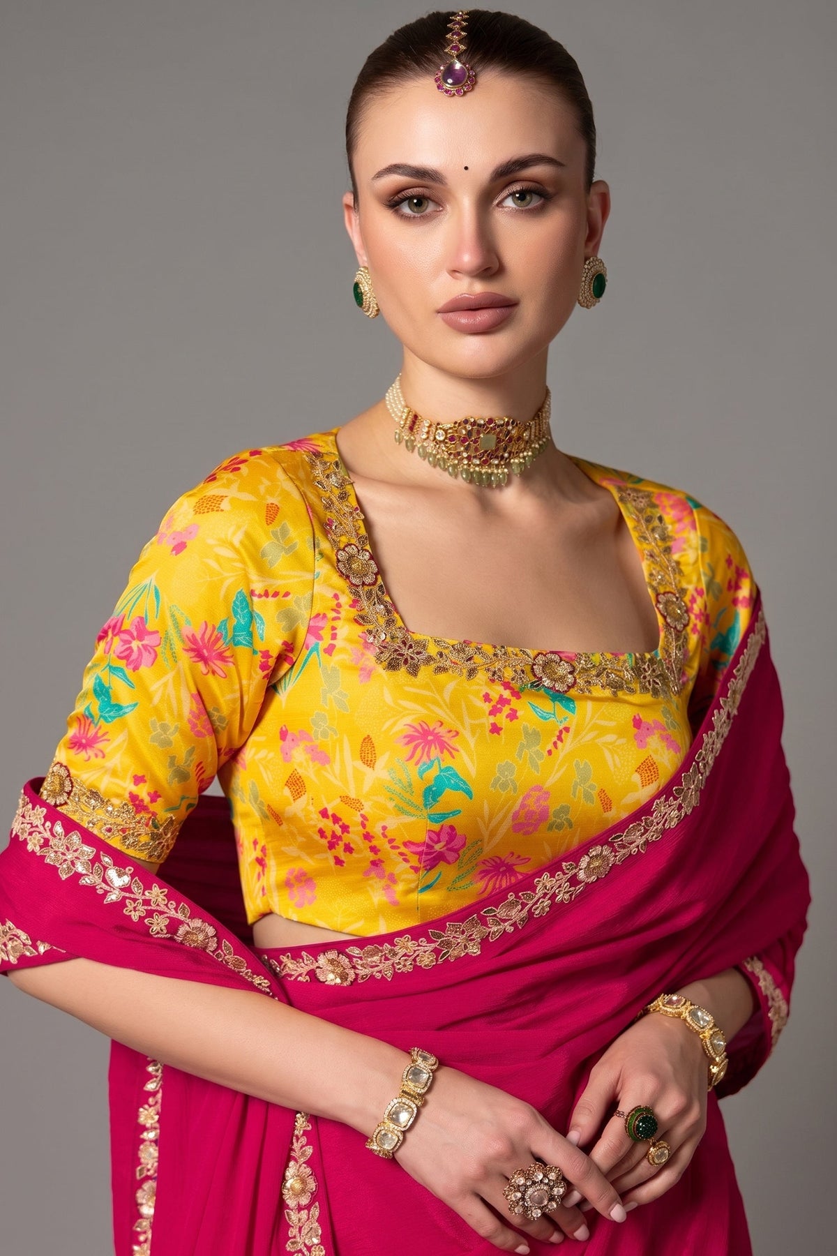 Hot Fuchsia Pink Organza Saree With Sequin Border
