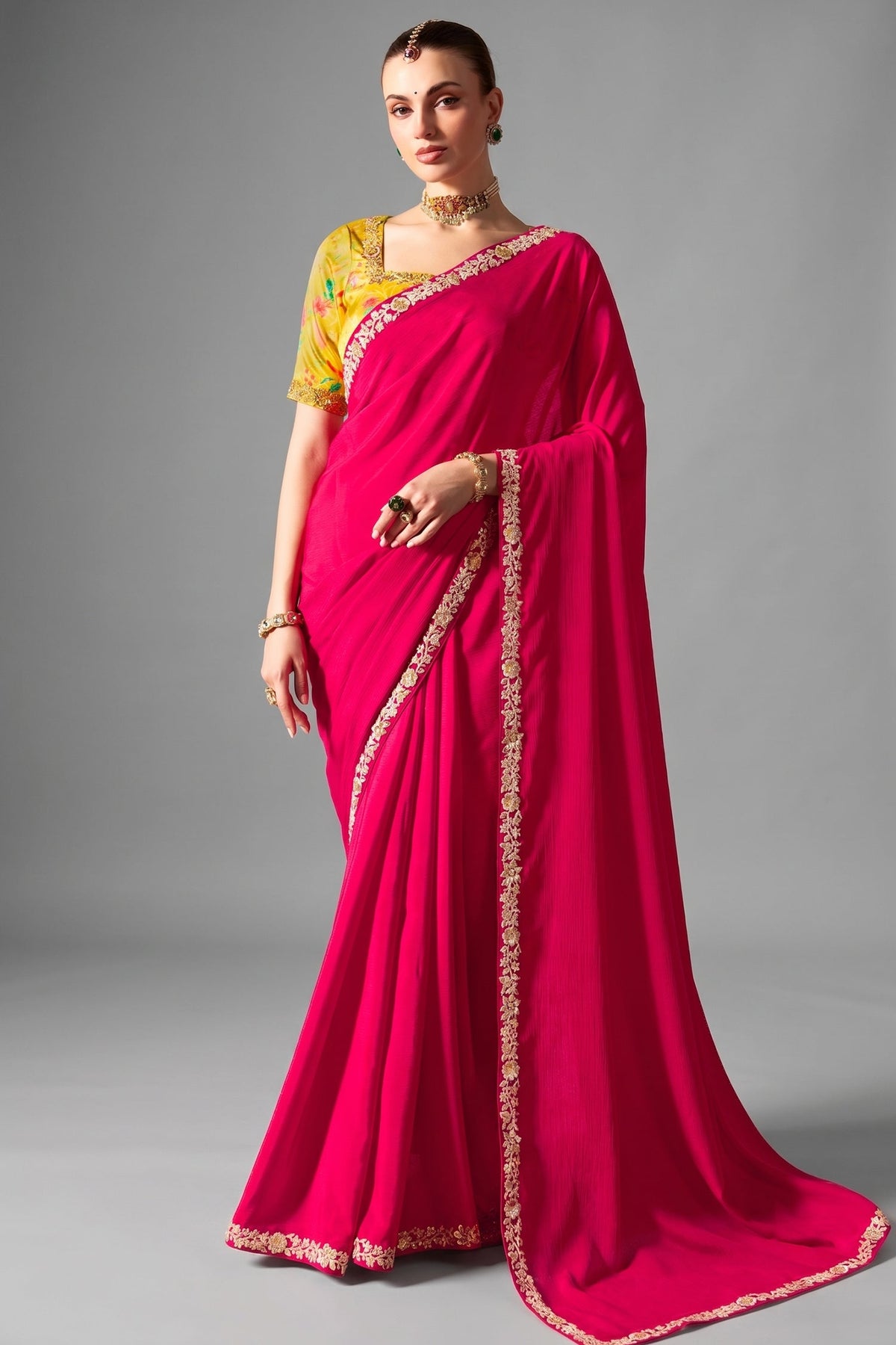 Hot Fuchsia Pink Organza Saree With Sequin Border