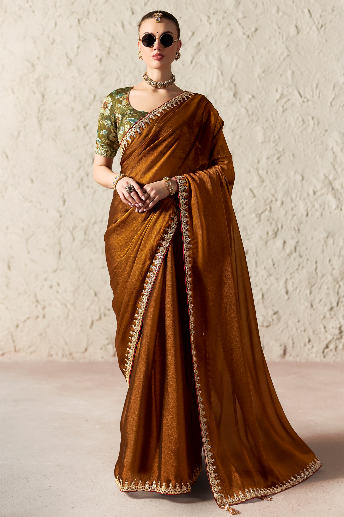 Rich Bronze Brown Tissue Saree Showcasing Embroidery