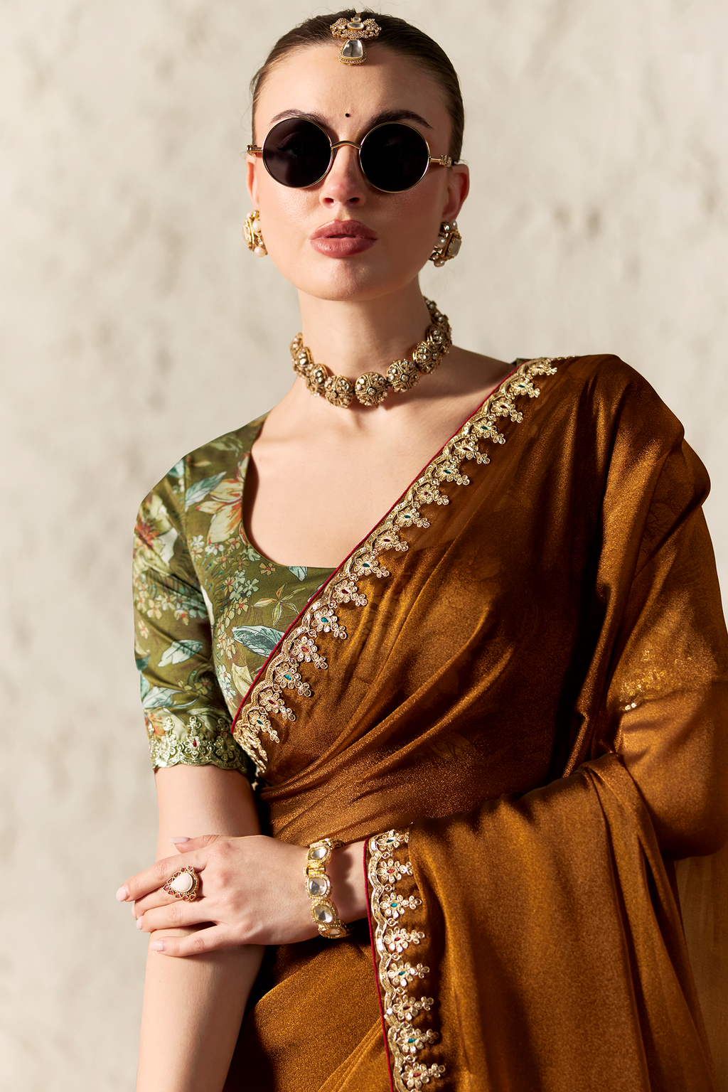 Rich Bronze Brown Tissue Saree Showcasing Embroidery