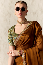 Rich Bronze Brown Tissue Saree Showcasing Embroidery