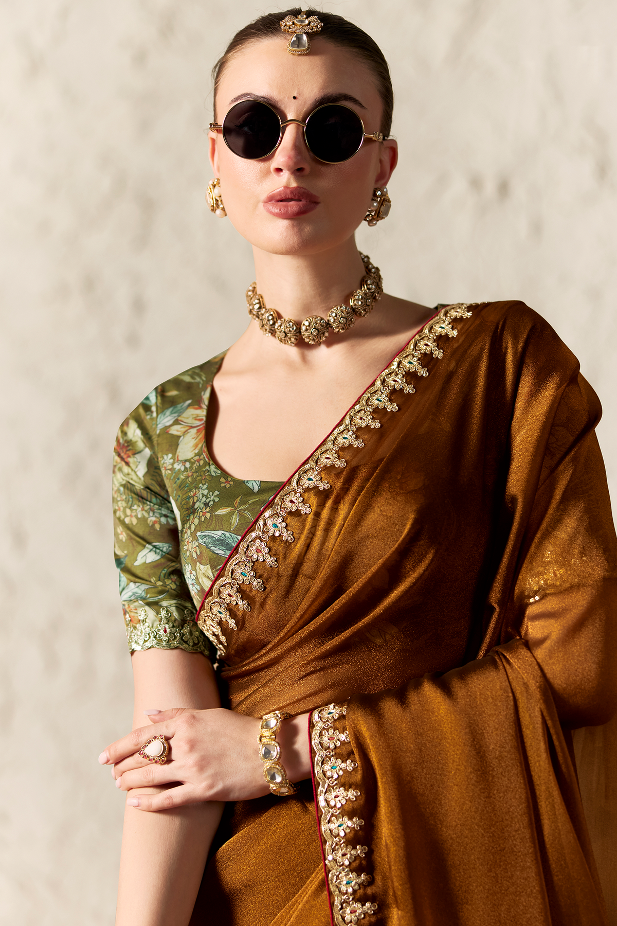 Rich Bronze Brown Tissue Saree Showcasing Embroidery