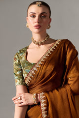 Rich Bronze Brown Tissue Saree Showcasing Embroidery