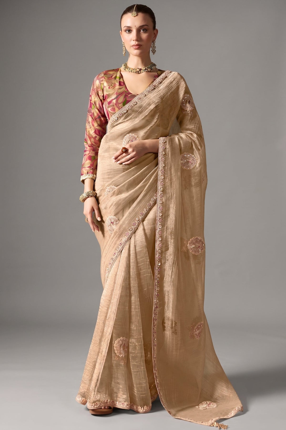 Champagne Beige Organza Saree With Subtle Sequin Work