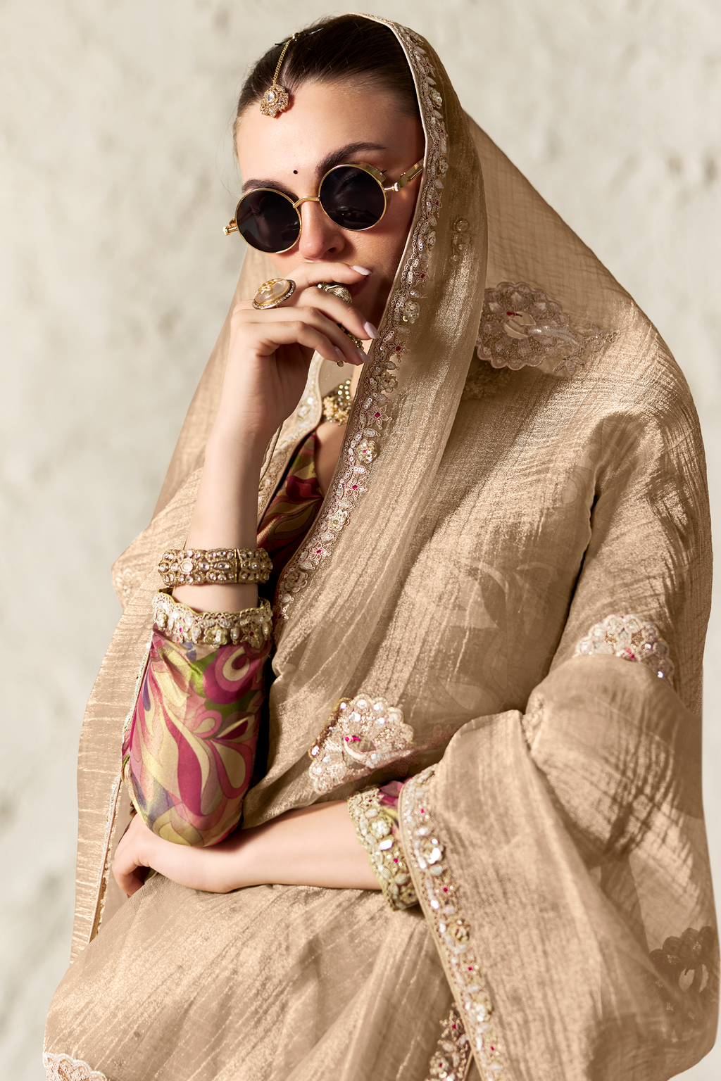 Champagne Beige Organza Saree With Subtle Sequin Work