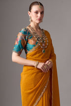 Marigold Orange Glass Tissue Saree With Thread Embroidery