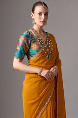 Marigold Orange Glass Tissue Saree With Thread Embroidery