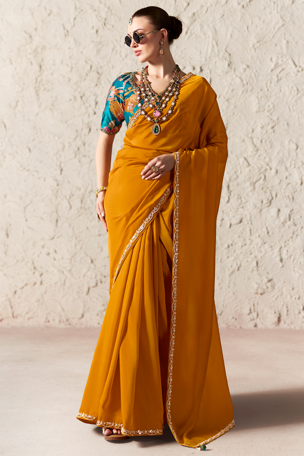 Marigold Orange Glass Tissue Saree With Thread Embroidery