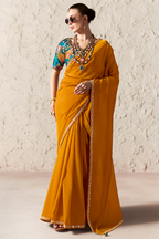 Marigold Orange Glass Tissue Saree With Thread Embroidery