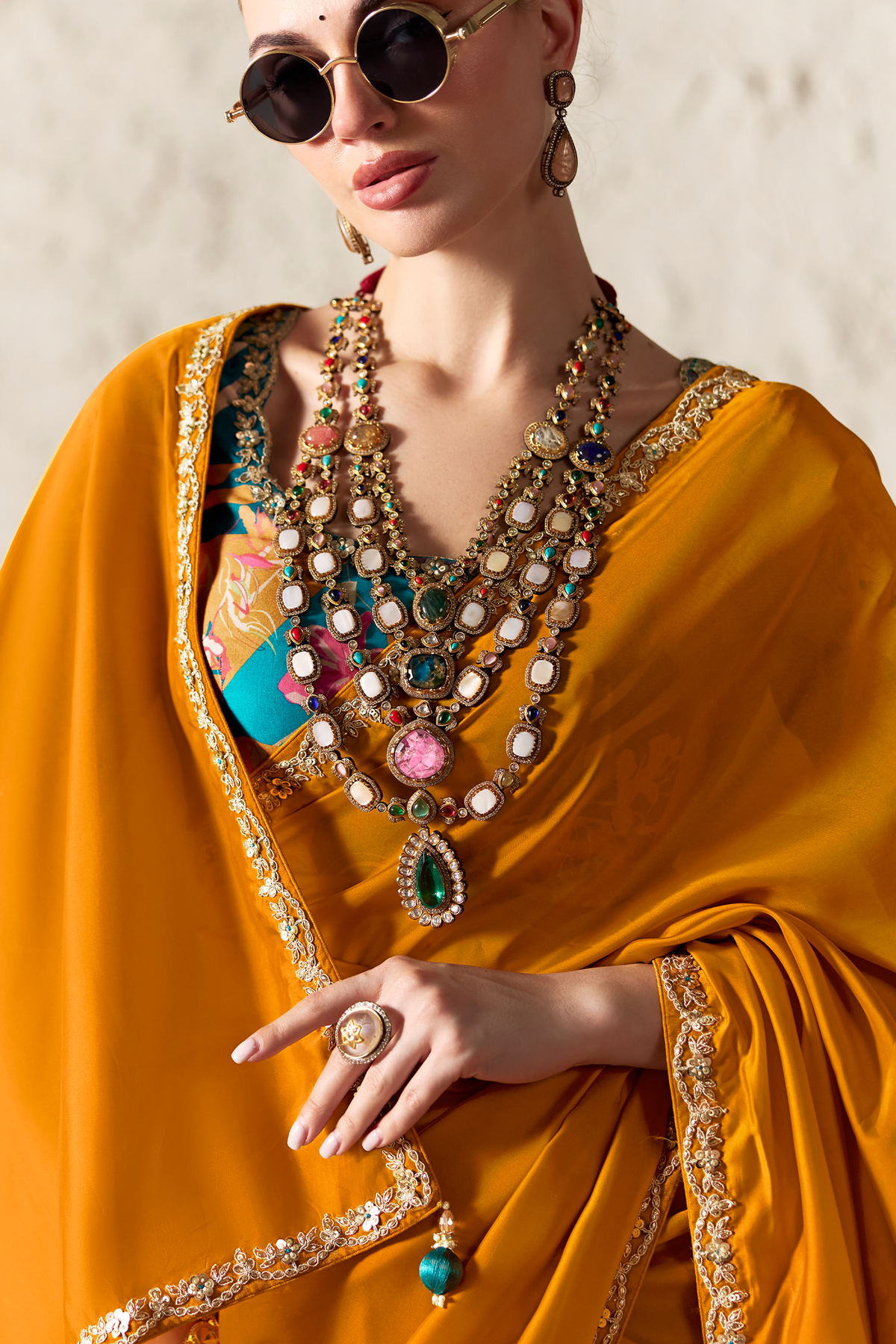 Marigold Orange Glass Tissue Saree With Thread Embroidery
