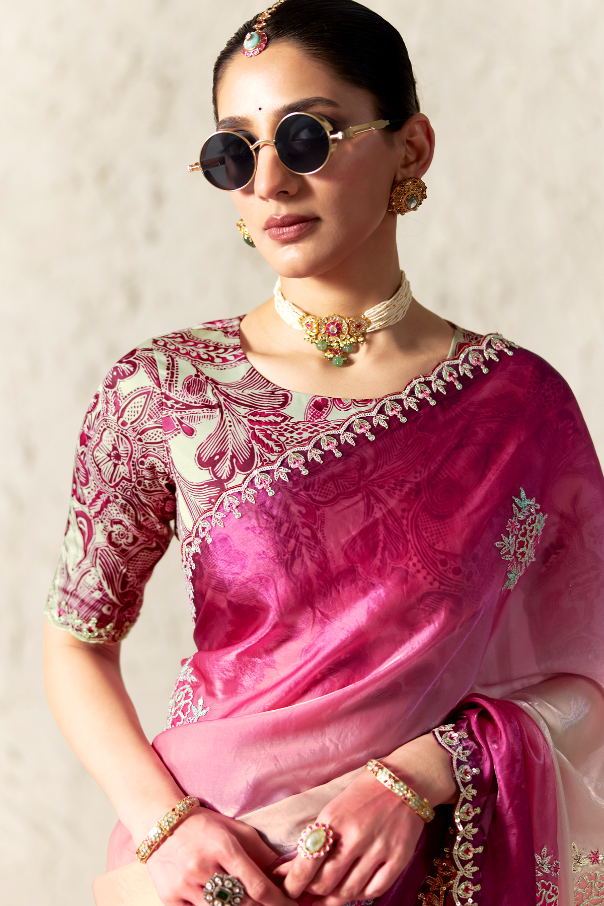 Magenta Dual-Tone  Ombre Tissue Saree With Dhaga Embroidery