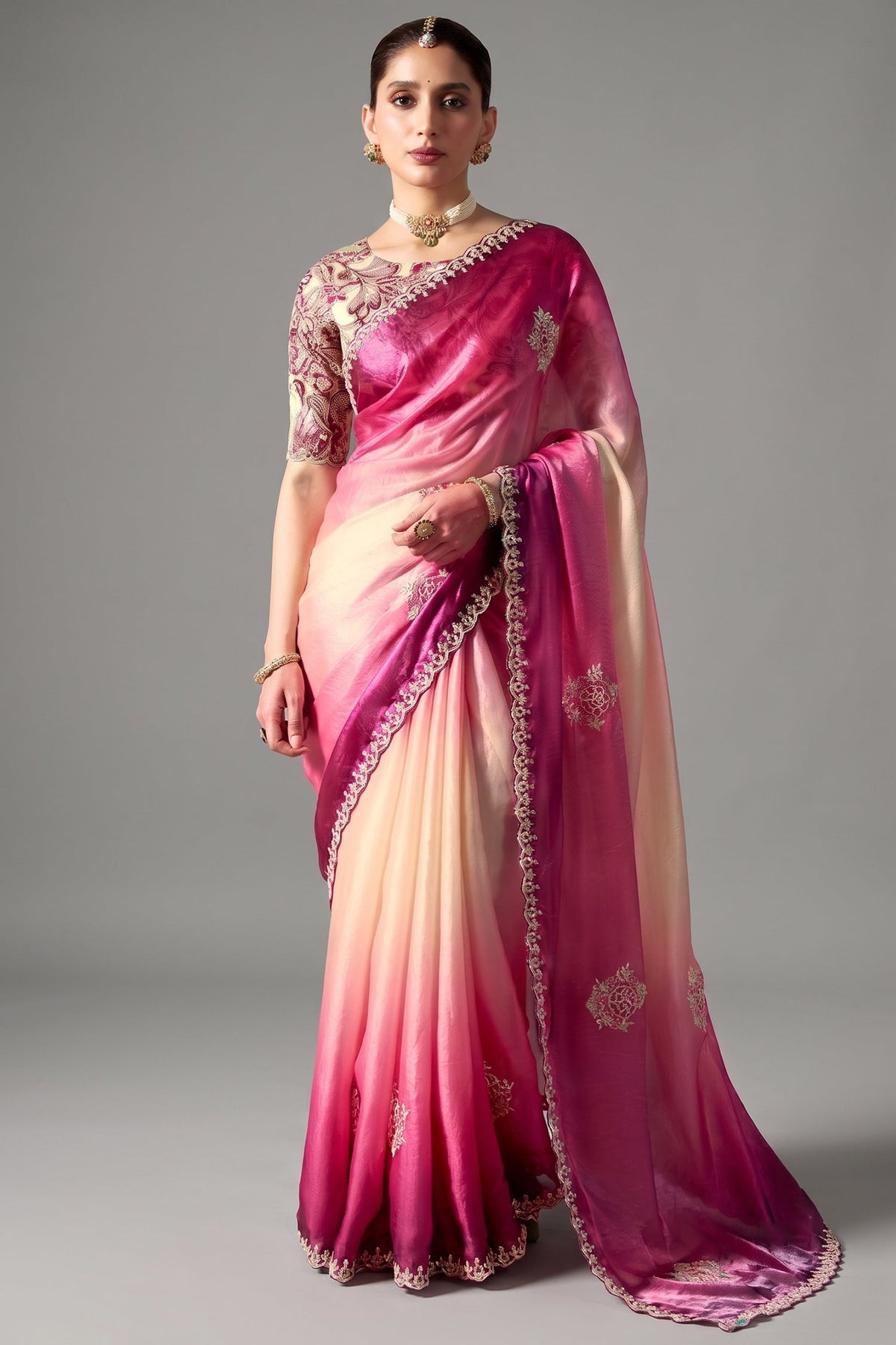 Magenta Dual-Tone  Ombre Tissue Saree With Dhaga Embroidery