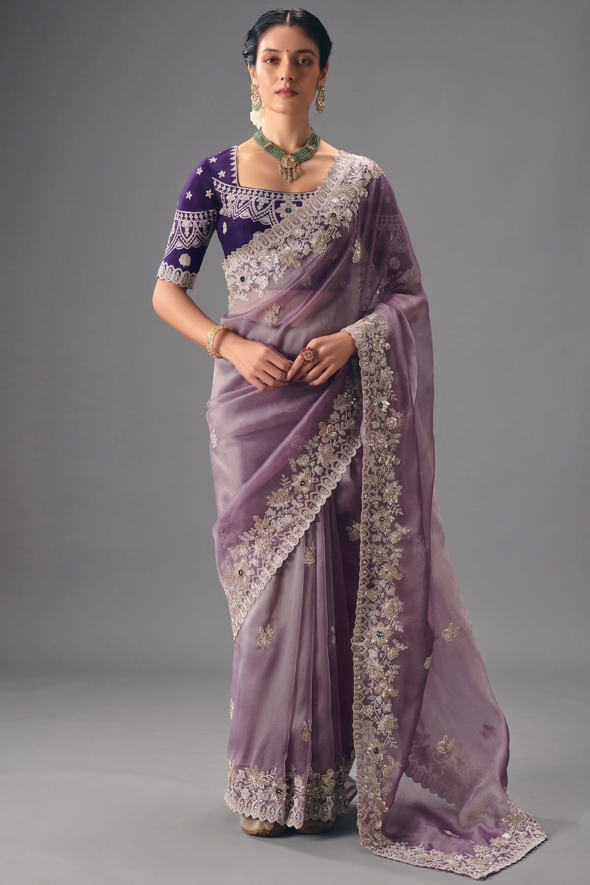 Lavender Mauve Organza Saree In Scallop Border