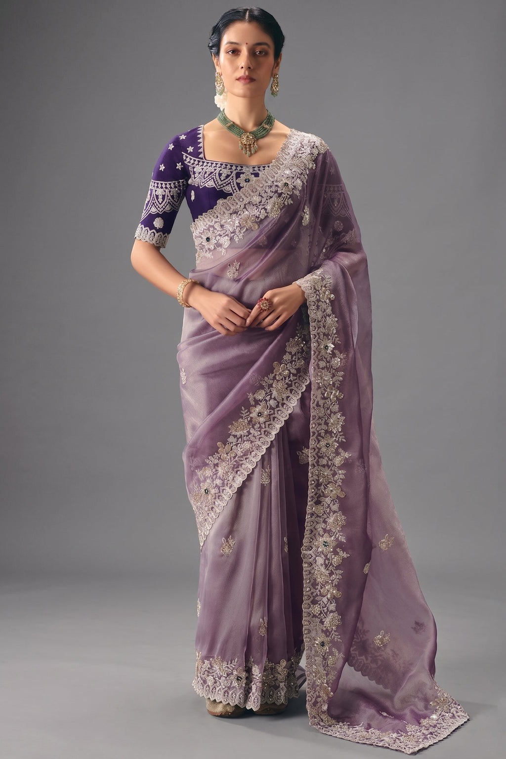 Lavender Mauve Organza Saree In Scallop Border