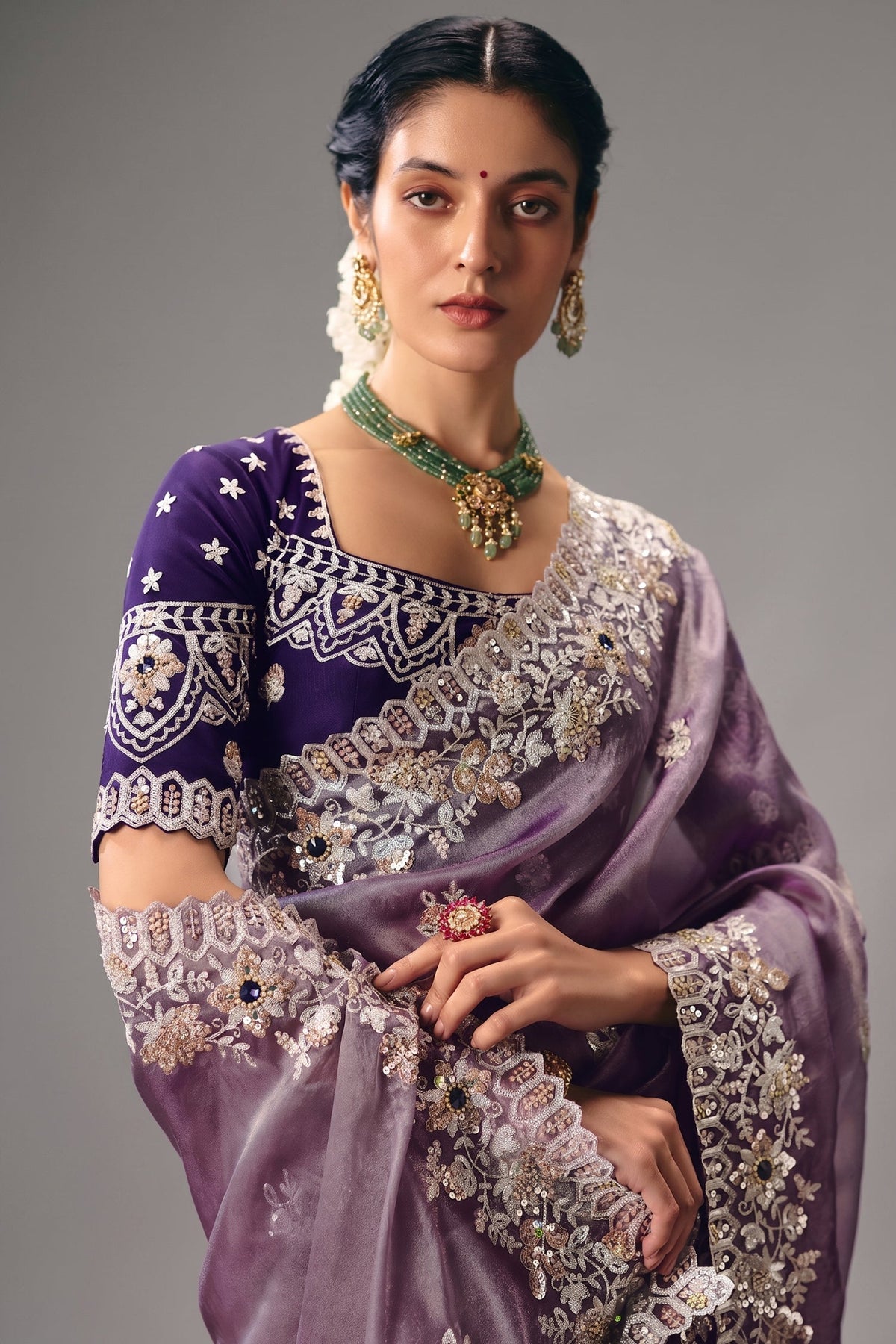Lavender Mauve Organza Saree In Scallop Border