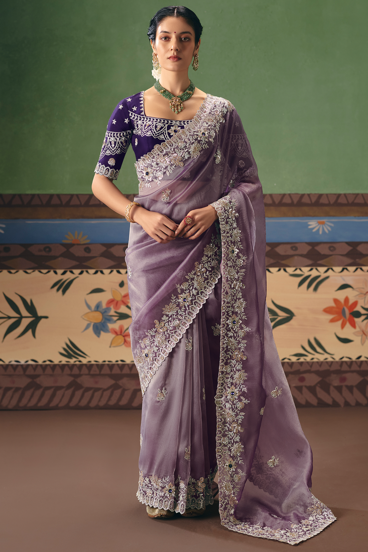Lavender Mauve Organza Saree In Scallop Border