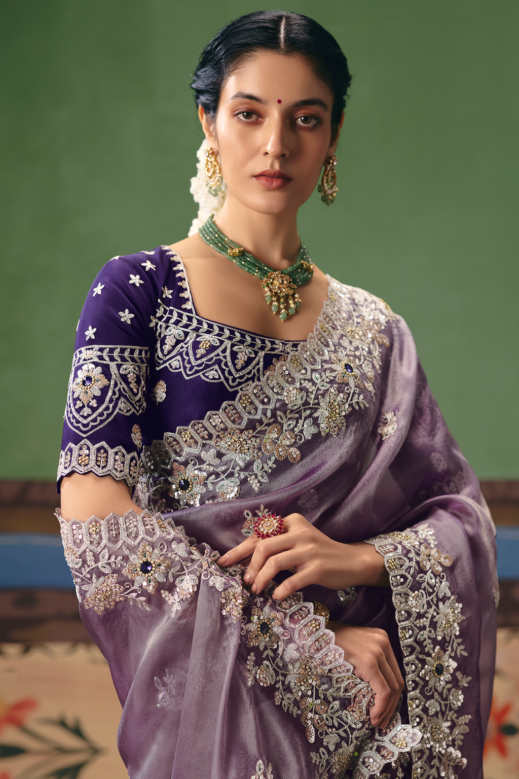 Lavender Mauve Organza Saree In Scallop Border
