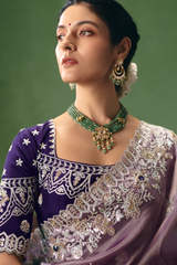 Lavender Mauve Organza Saree In Scallop Border