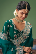 Emerald Green Silk Georgette Saree Adorned with Embroidery