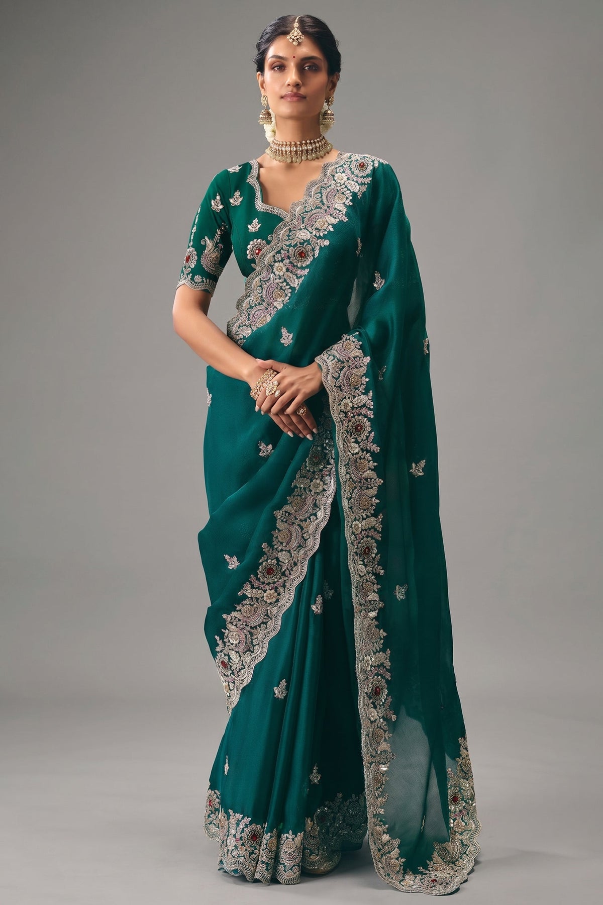 Emerald Green Silk Georgette Saree Adorned with Embroidery