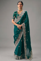 Emerald Green Silk Georgette Saree Adorned with Embroidery