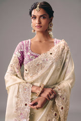 Ivory White Organza Saree Featuring Handcrafted Border