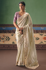 Ivory White Organza Saree Featuring Handcrafted Border