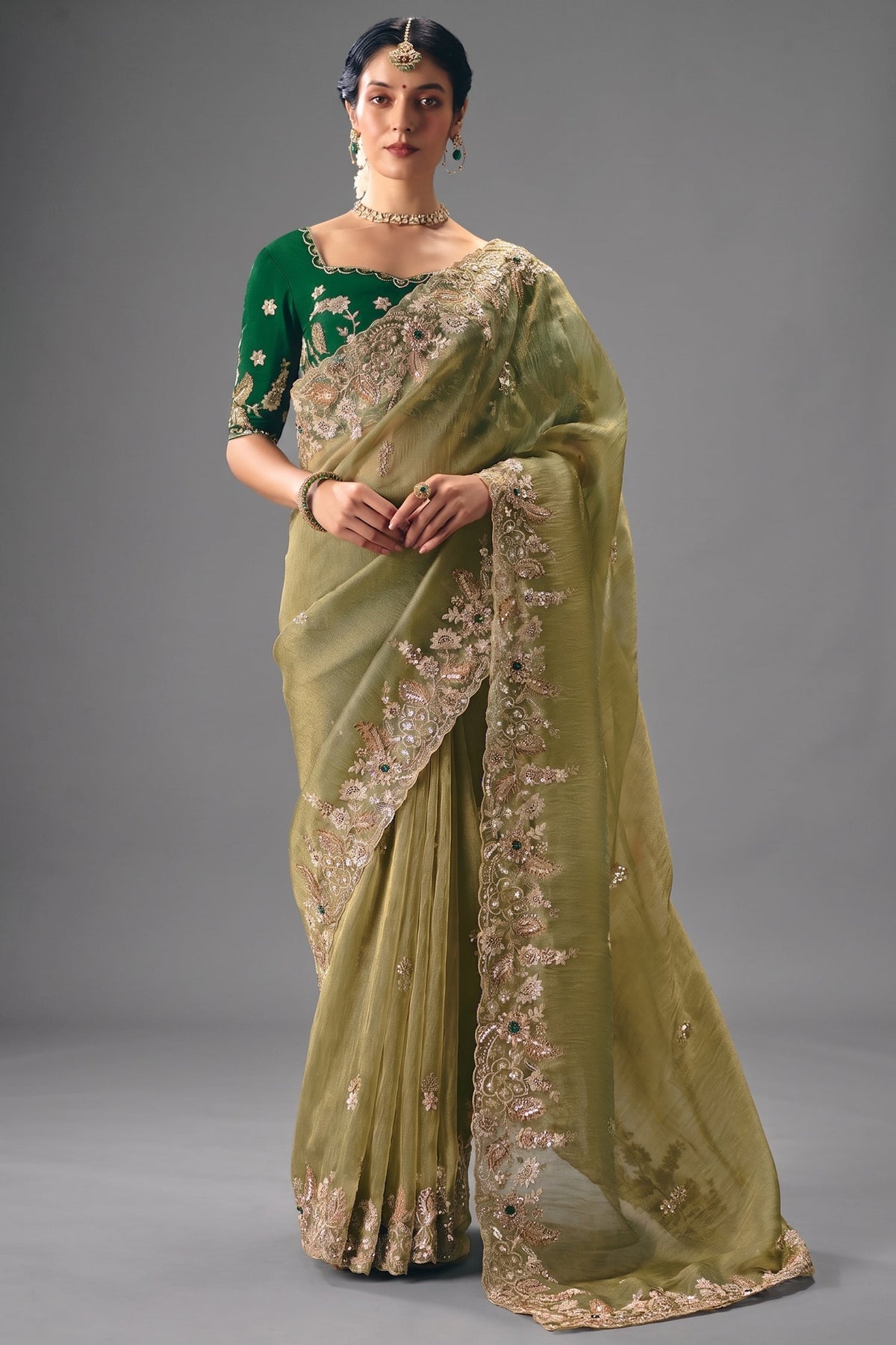 Olive Green Translucent Saree with Dense Border Embroidery
