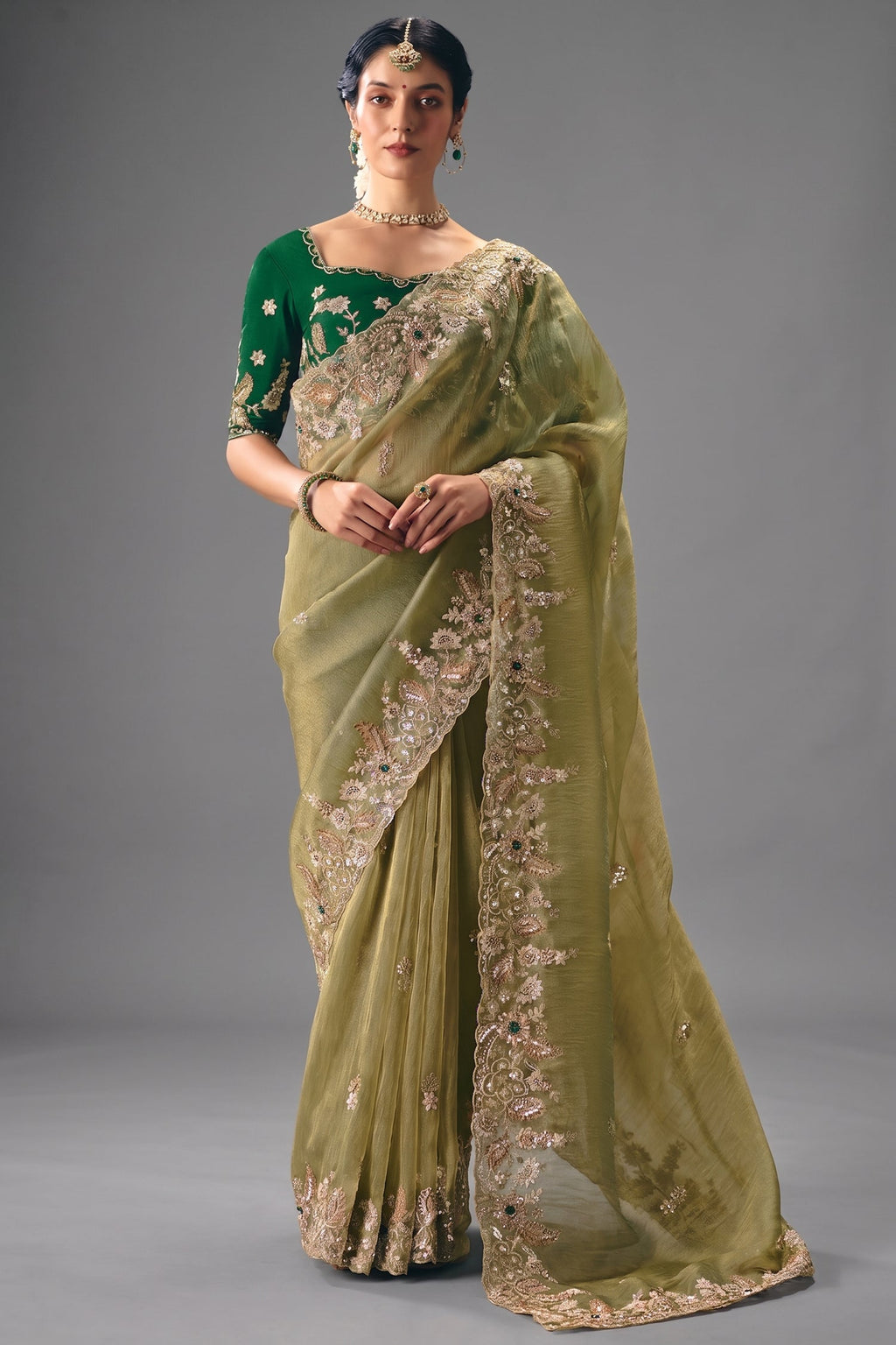 Olive Green Translucent Saree with Dense Border Embroidery