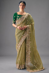 Olive Green Translucent Saree with Dense Border Embroidery