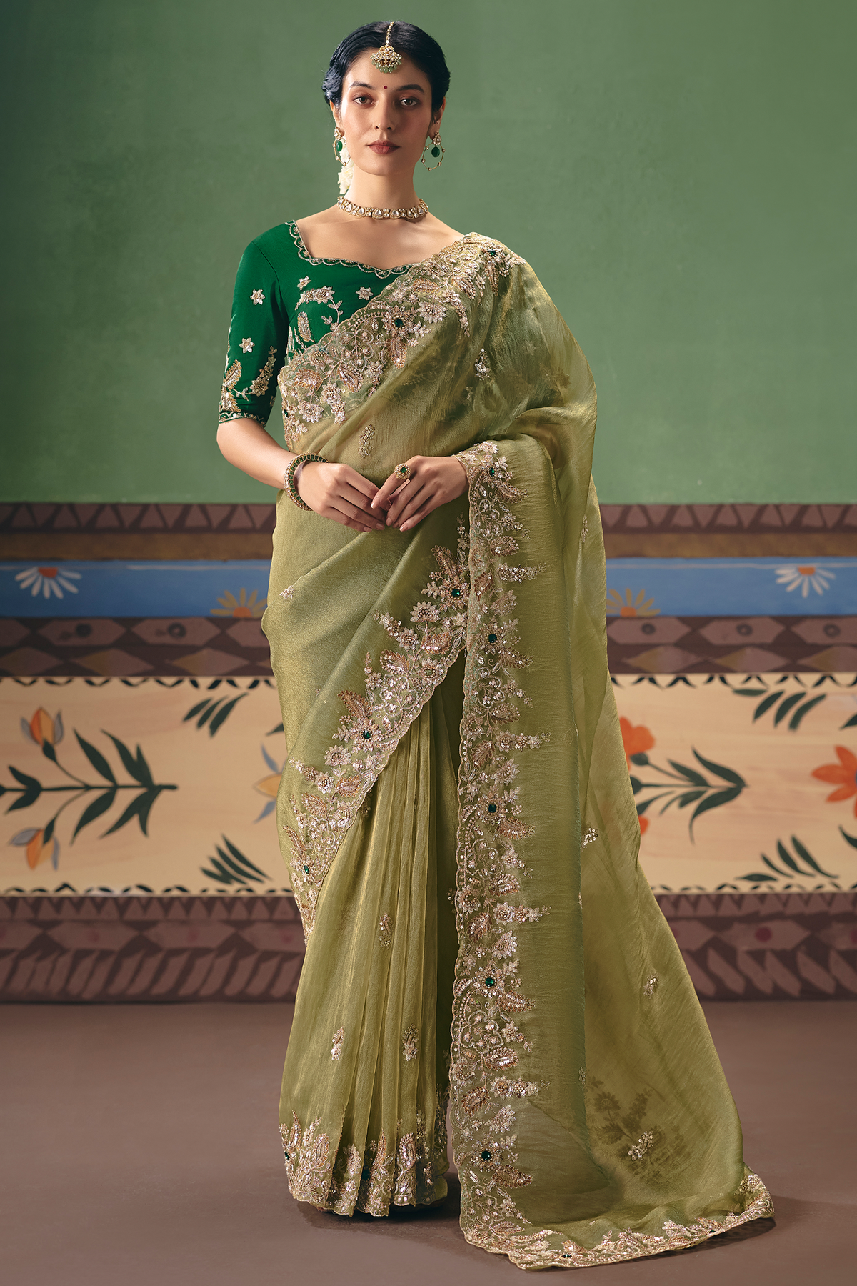 Olive Green Translucent Saree with Dense Border Embroidery