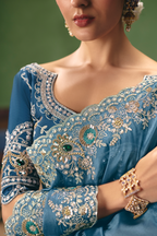 Slate Blue Georgette Saree Enriched With Intricate Silver Zari Work