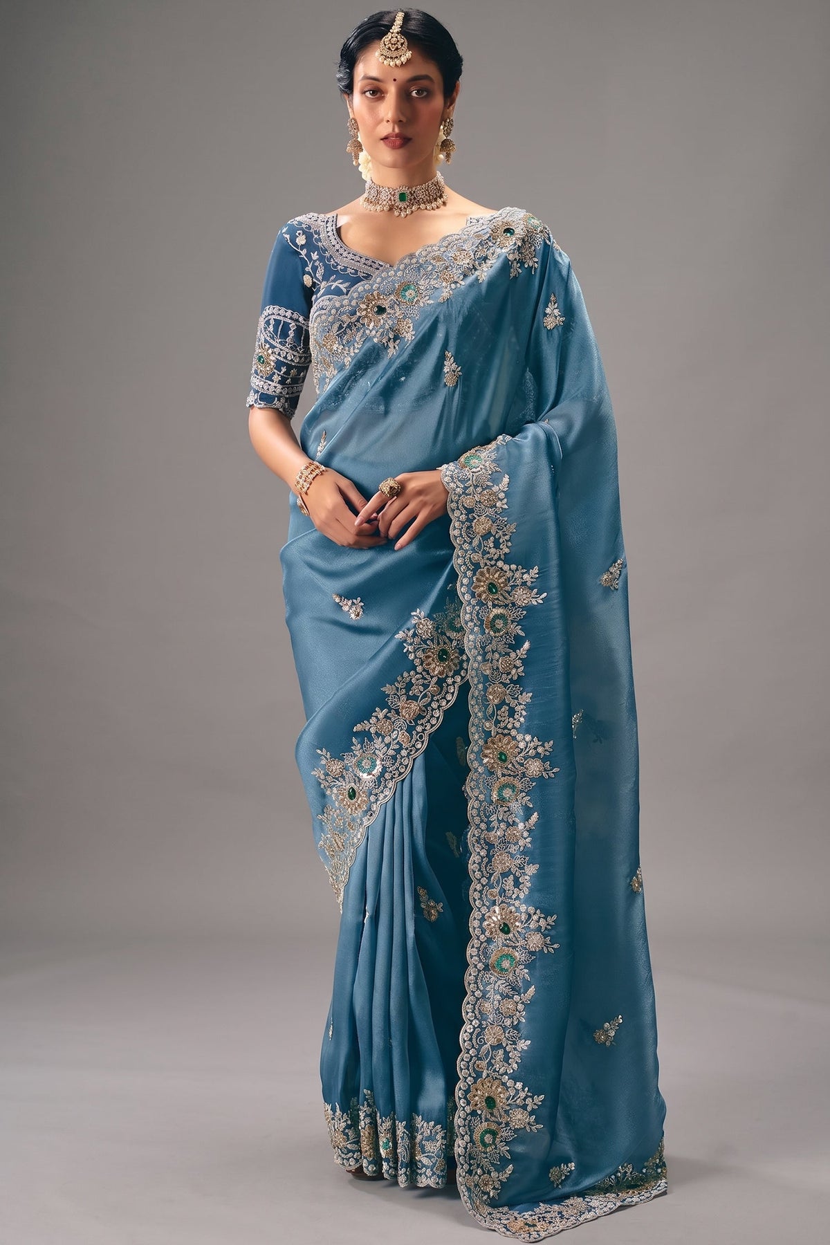 Slate Blue Georgette Saree Enriched With Intricate Silver Zari Work