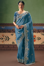 Slate Blue Georgette Saree Enriched With Intricate Silver Zari Work