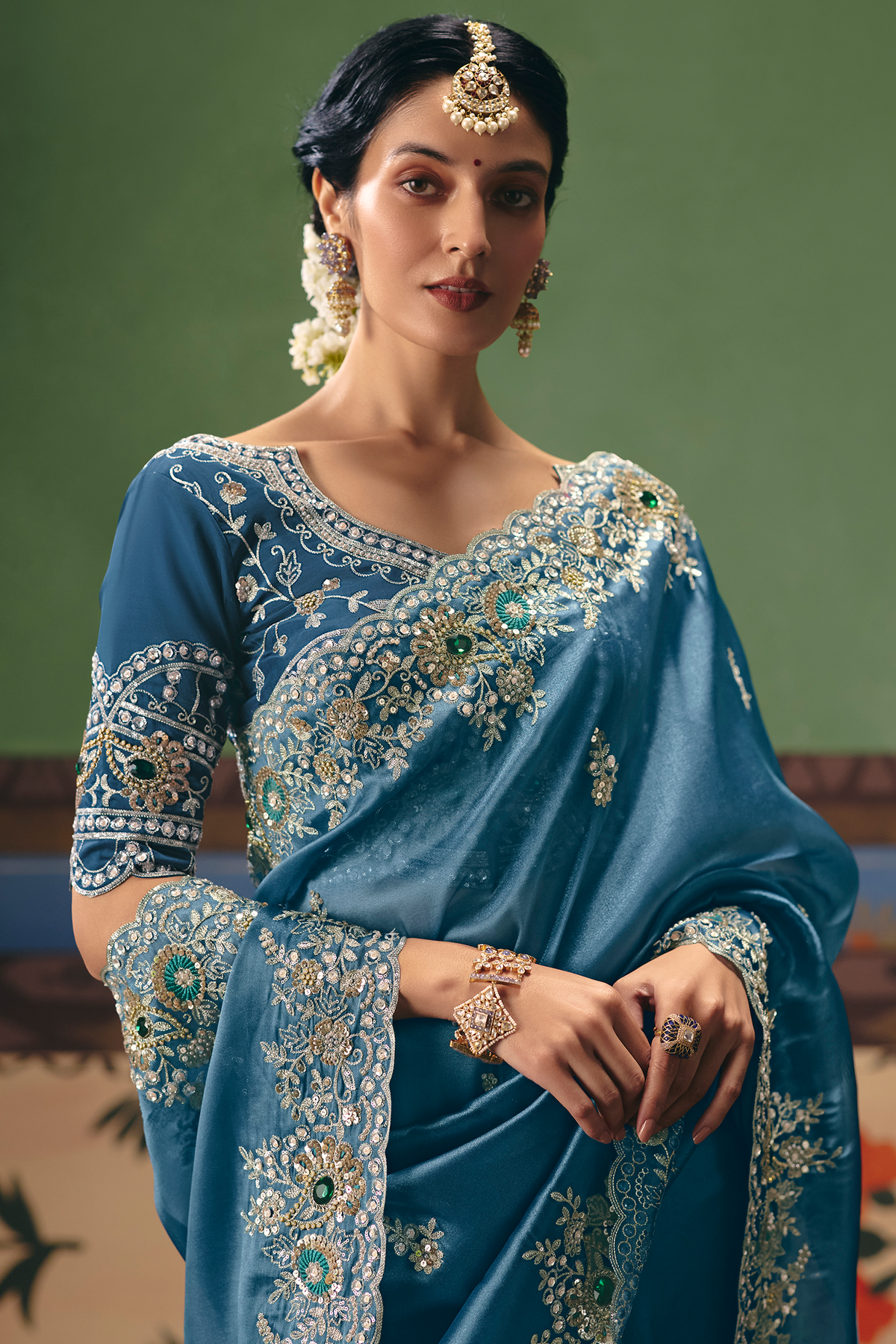 Slate Blue Georgette Saree Enriched With Intricate Silver Zari Work