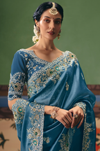 Slate Blue Georgette Saree Enriched With Intricate Silver Zari Work