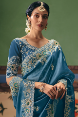 Slate Blue Georgette Saree Enriched With Intricate Silver Zari Work