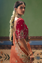Rust Salmon Saree Highlighting Rich Floral Border Work