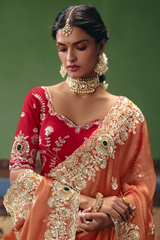 Rust Salmon Saree Highlighting Rich Floral Border Work