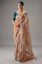 Dusty Rose Brown Saree with Floral jaal Embroidery & Sequin Buttis