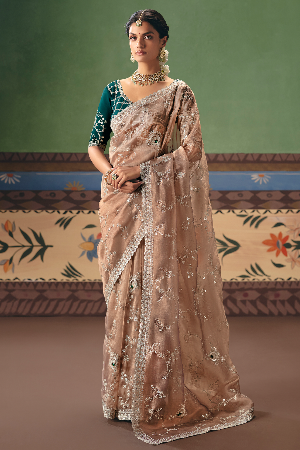 Dusty Rose Brown Saree with Floral jaal Embroidery & Sequin Buttis