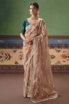 Dusty Rose Brown Saree with Floral jaal Embroidery & Sequin Buttis