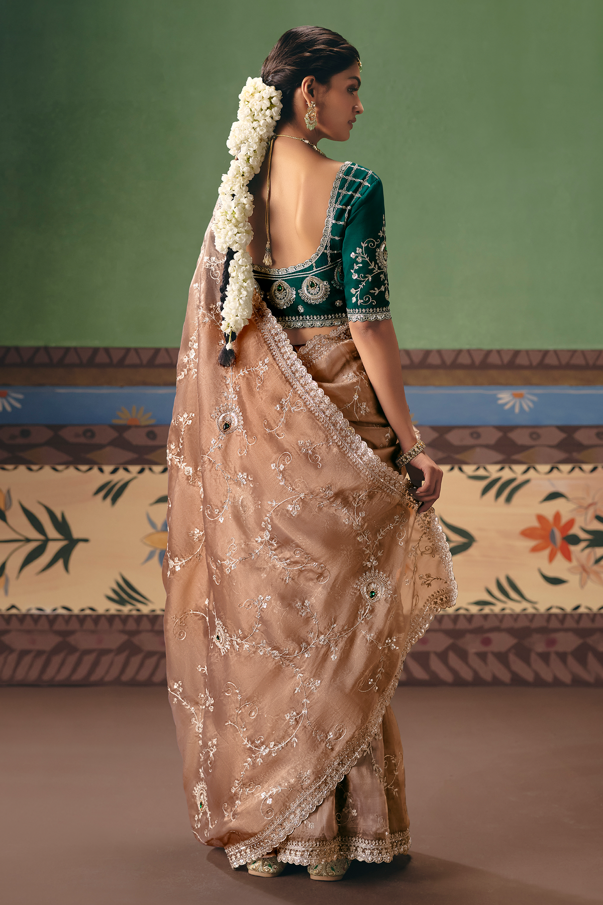 Dusty Rose Brown Saree with Floral jaal Embroidery & Sequin Buttis