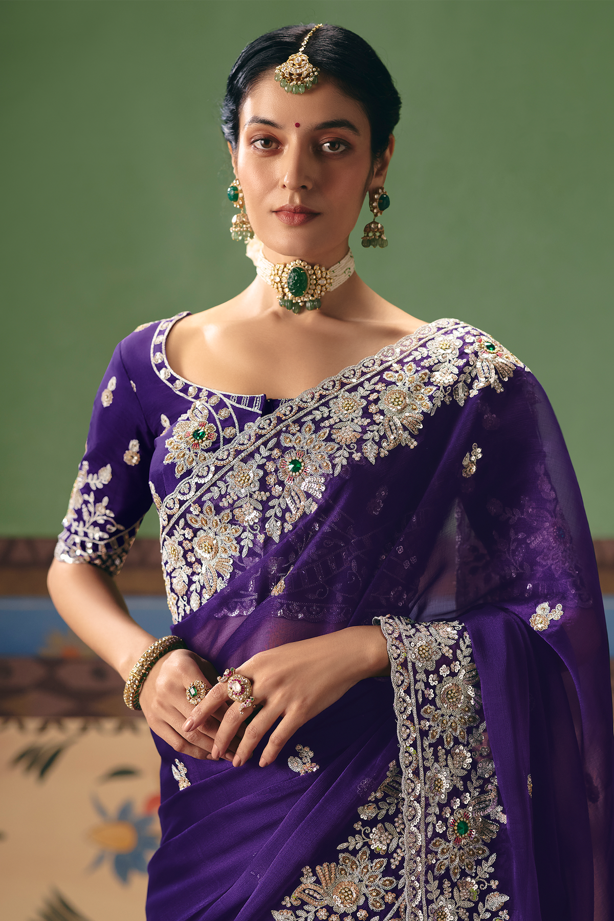 Royal Grape Purple Organza Saree with Intricate Border Embroidery