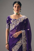 Royal Grape Purple Organza Saree with Intricate Border Embroidery