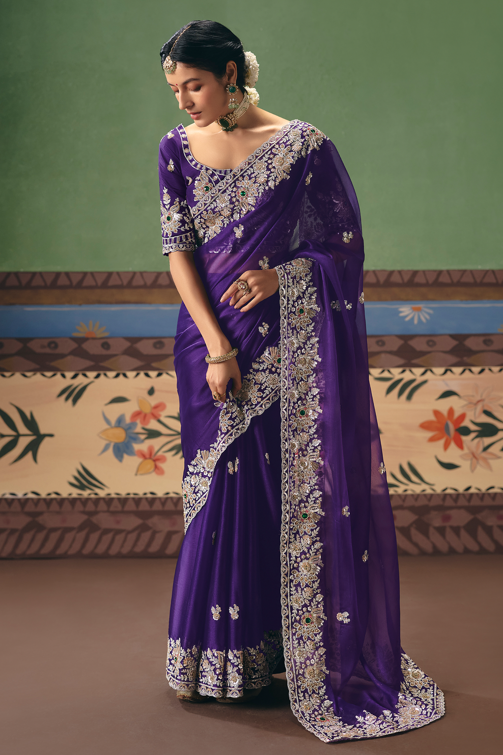 Royal Grape Purple Organza Saree with Intricate Border Embroidery