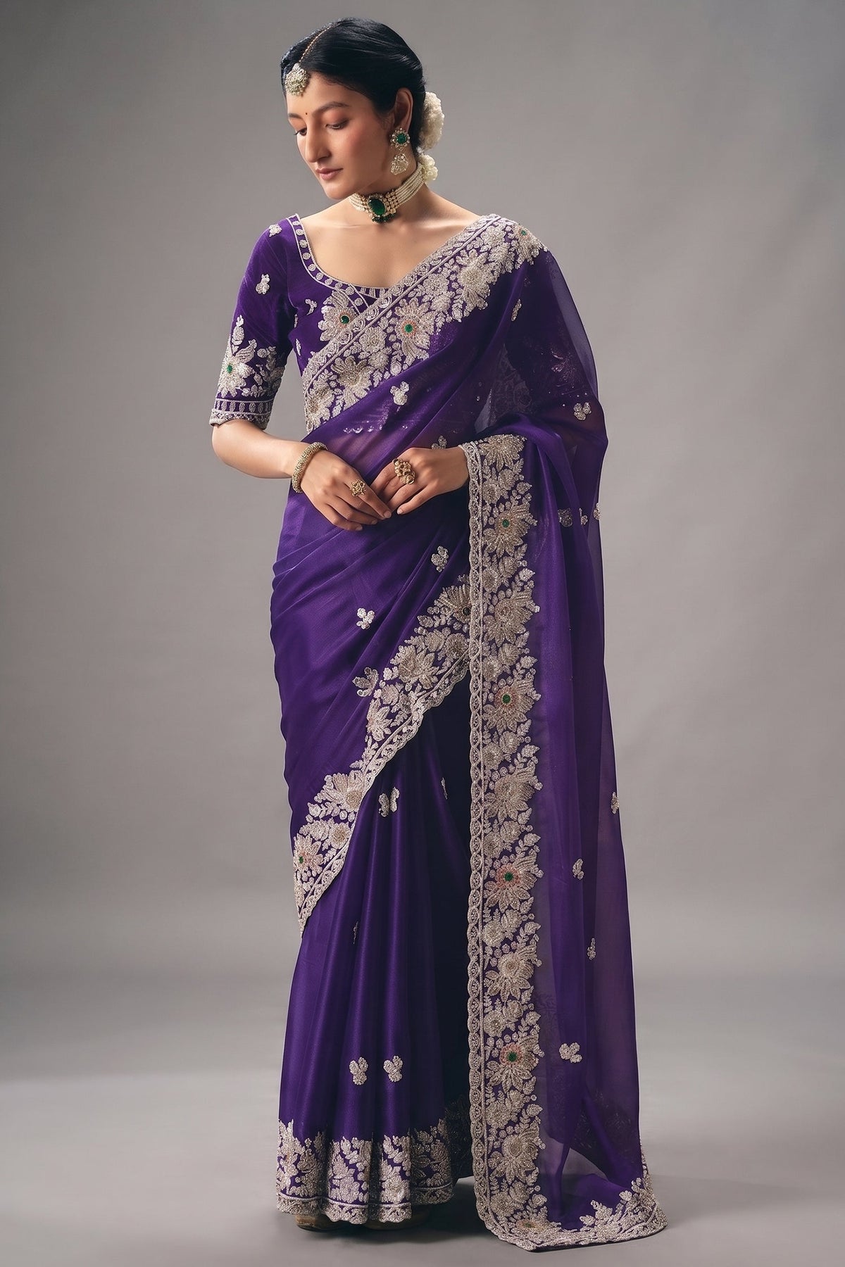 Royal Grape Purple Organza Saree with Intricate Border Embroidery