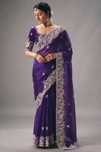 Royal Grape Purple Organza Saree with Intricate Border Embroidery