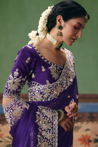 Royal Grape Purple Organza Saree with Intricate Border Embroidery