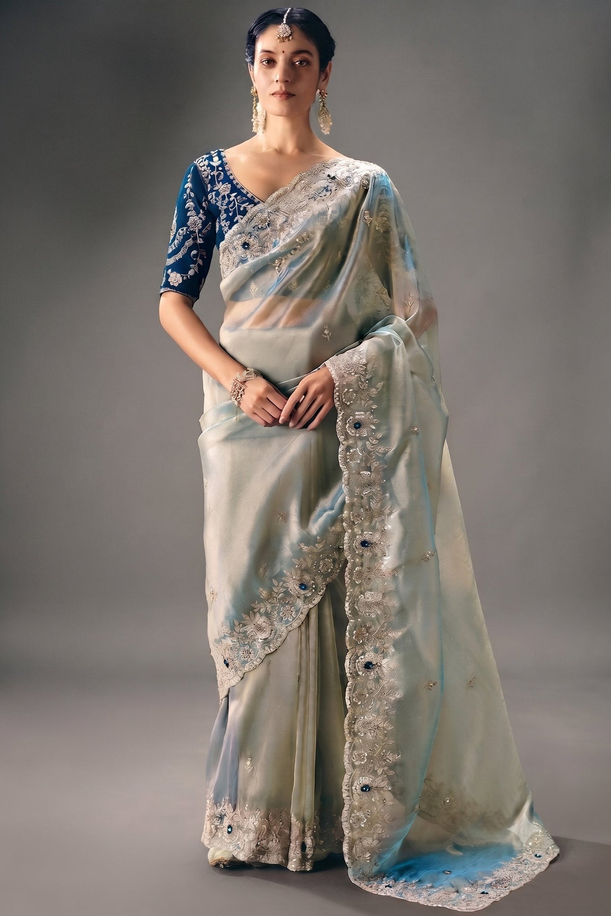 Powder Blue Ice Sheer Saree Detailed with Pastel Embroidery